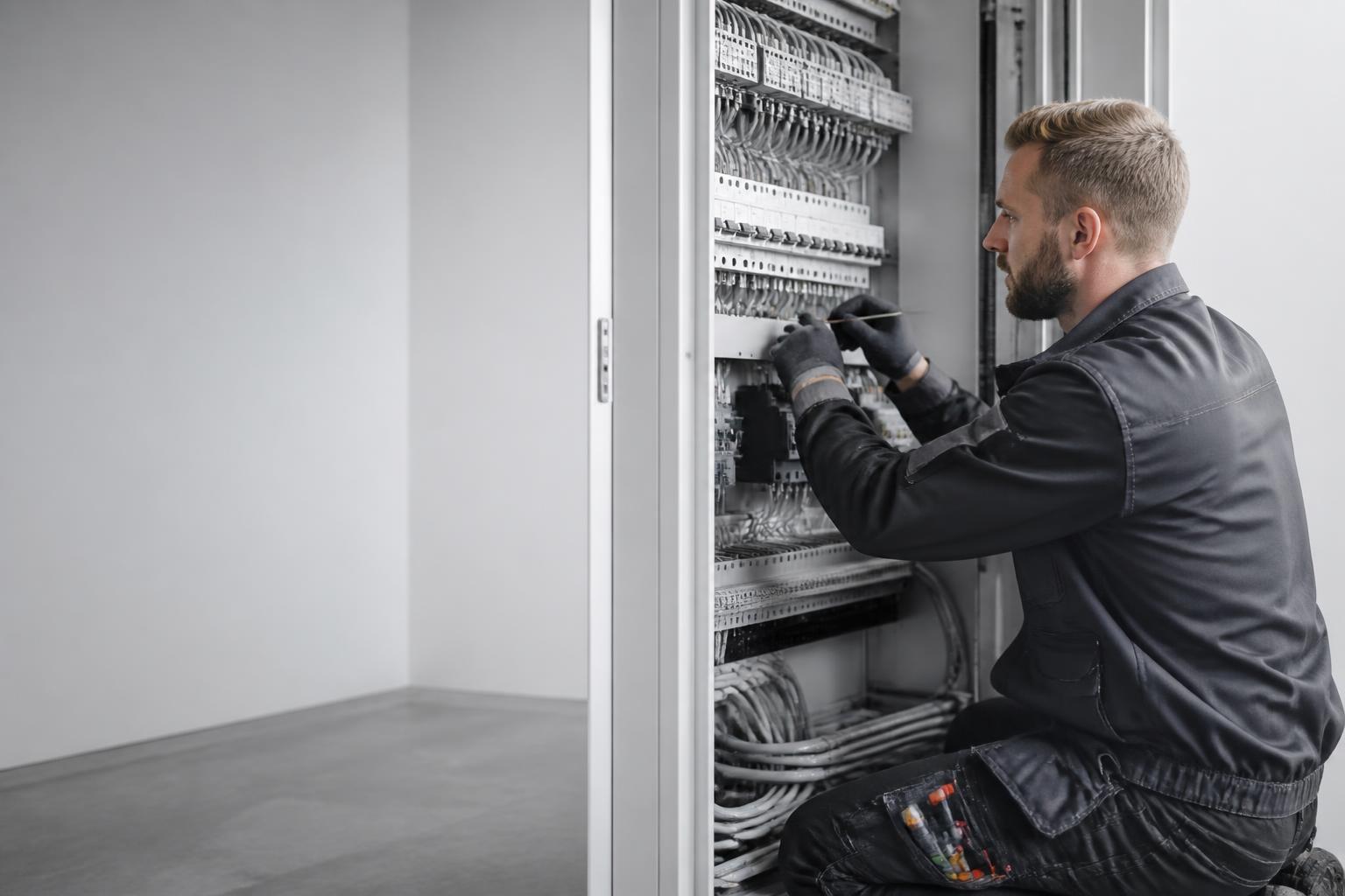 Elektriker arbetar noggrant i ett modernt elskåp